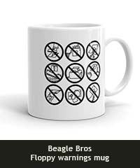 Beagle Bros floppy warnings mug